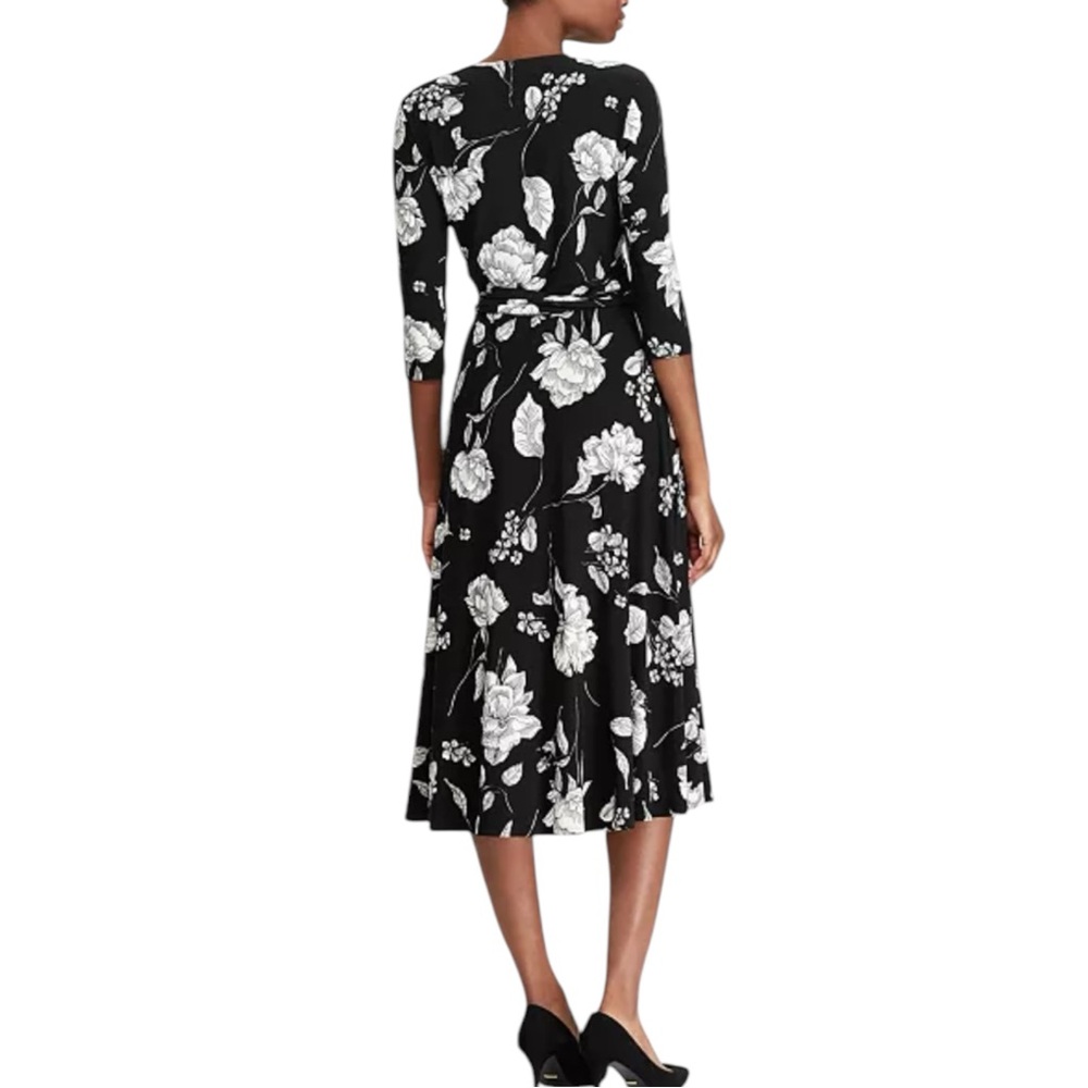 Lauren Ralph Lauren Floral-Print Midi Surplice Dress Black and White Sz: 4 NWT - Picture 7 of 15